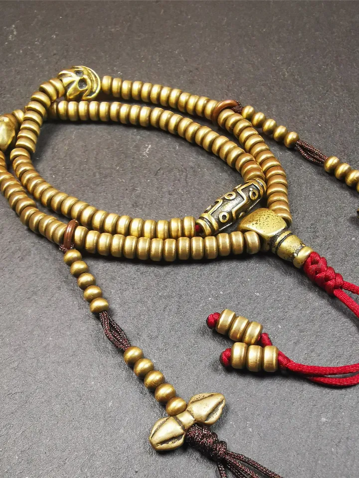 Gandhanra Handmade Lima Brass Mala,Old 108 Prayer Beads Necklace with Counters,for Meditation and Prayer
