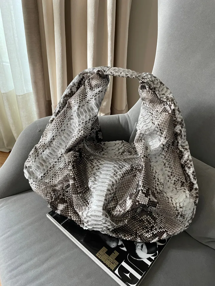 Big Soft Hobo Classy Sport Woman Bag | Purse Genuine Python Skin | Python Skin Products | Gray Big Elegant Leather Designer Soft Bag Snake
