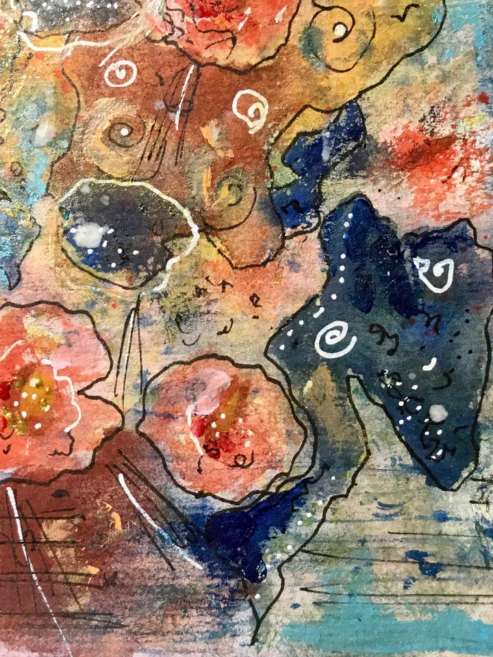 Abstract fantasy mix media watercolour and acrylic original painting on paper,abstract wall art,landscape flowers pink gold.