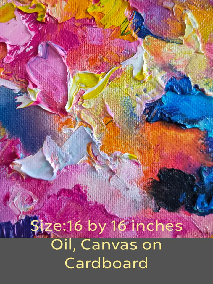 Bouquet Flowers Poppies Oil Canvas on Cardboard Original Art Painting Impasto Palette Knife 16 x 16 inches by Artist Natalia