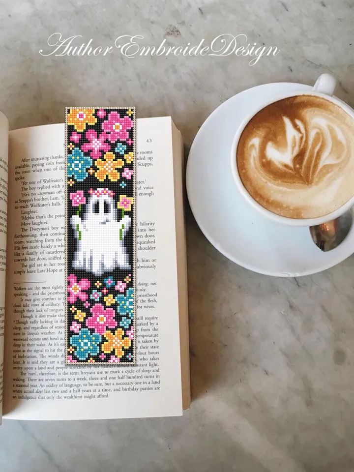 Floral ghost bookmark cross stitch pattern PDF download Cute ghost cross stitch chart, Simple Halloween bookmark pattern digital PDF #B366