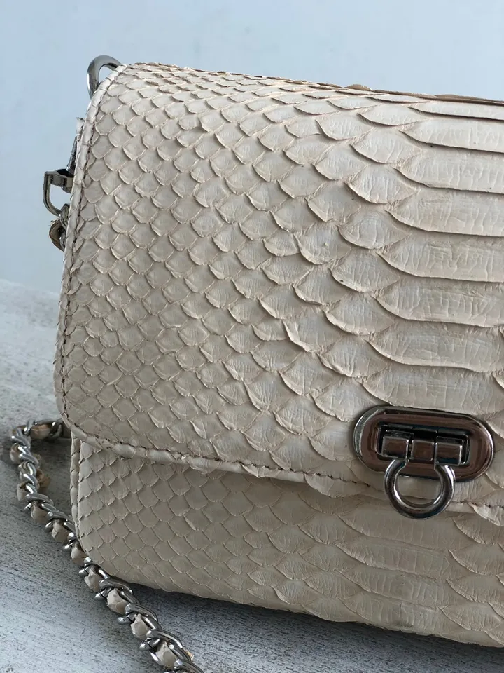 Genuine Python Skin Cream Color Crossbody Detachable Chain Handbag Mini Summer Elegant Classy Purse Clutch, Milk Color Python Leather Lady