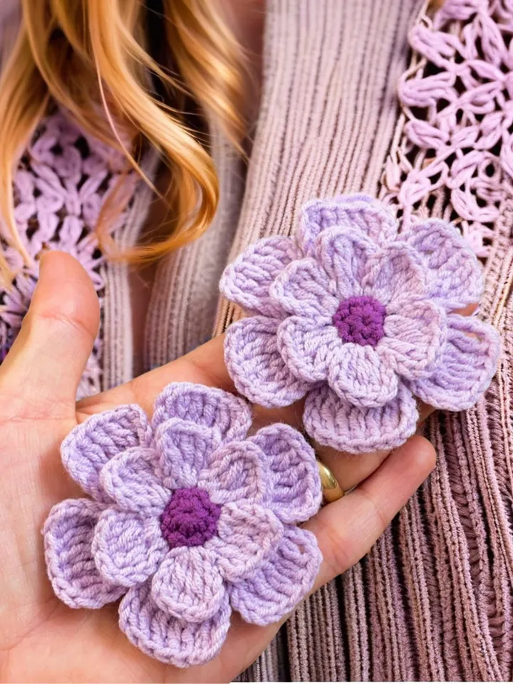 3D Flower Crochet Brooch Pattern  - Easy Crochet Flower Motif Pattern For Baby Blanket - Beginner Friendly Step by Step Instructions
