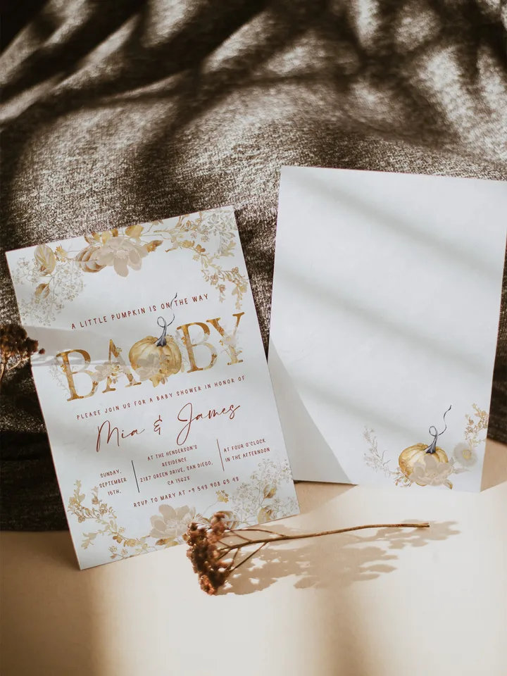 Rustic Autumn Baby Shower Invitation; Boho Flowers Baby shower; Little Pumpkin baby shower; editable template canva; Fall; Autumn; Pumpkin