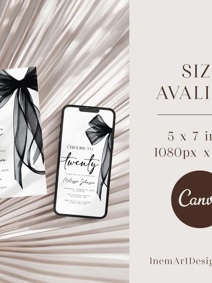 Coquette Black Bow 20th Invitation, Editable Twentieth Birthday Party Invite, DIY Digital Black Ribbon, Cheers to Twenty Invite
