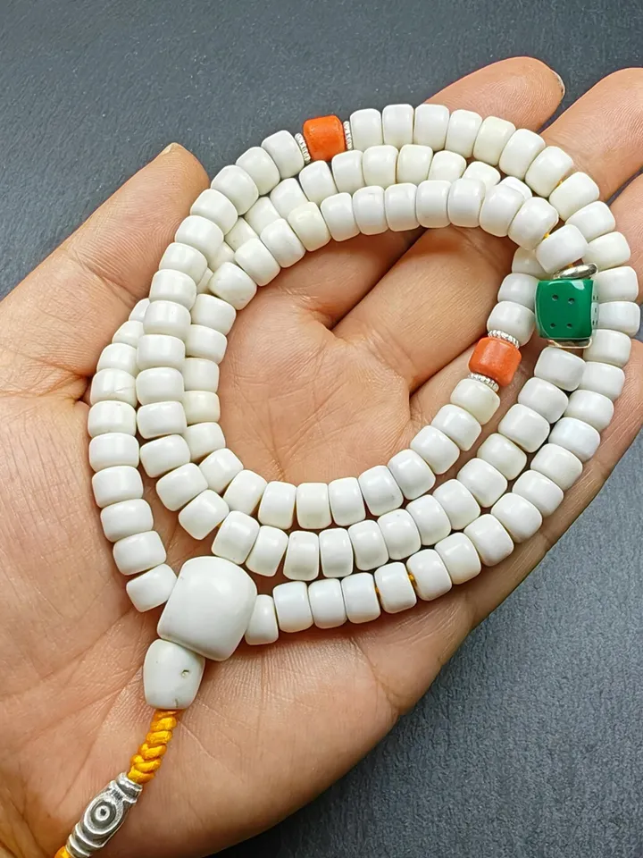Gandhanra Vintage Tibetan Mala Necklace | 8mm Shankha Shell 108 Prayer Beads for Meditation and Spiritual Practice