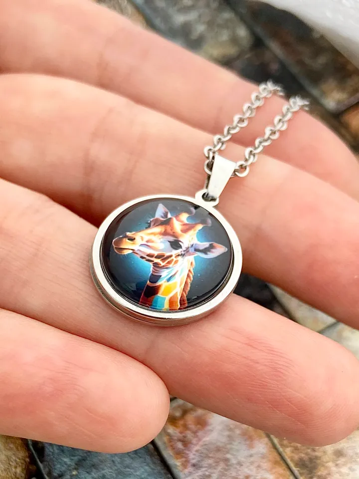 Giraffe necklace, steel pendant with glass, Giraffe lover gift