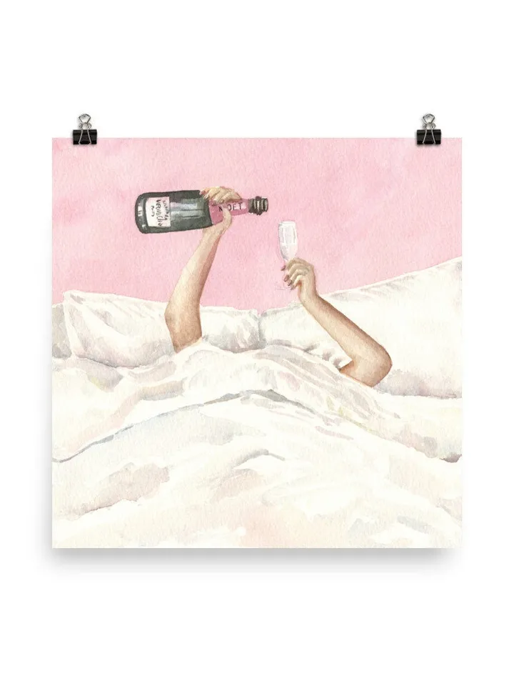 Pink Champagne Bottle Watercolor Illustration Wall Art Print, Feminine Art, Bar Decor, Cocktail Poster, Preppy Bar Cart, Apartment Decor