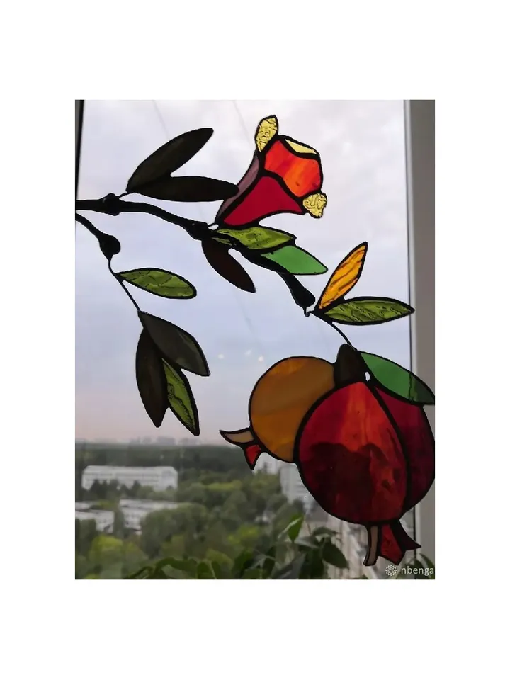 Tiffany Stained Glass: Small Pomegranate Twig, Miniature Pomegranate Branch in Tiffany Style, Tiffany-Style Stained Glass Pomegranate Twig, Small Pomegranate Ornament – Tiffany Technique, Compact Pomegranate Branch in Stained Glass