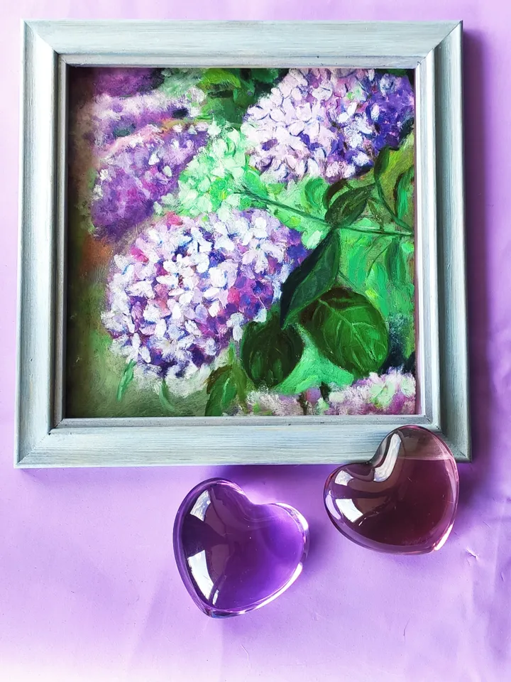 Hydrangea oil on cardboard purple flowers miniatures