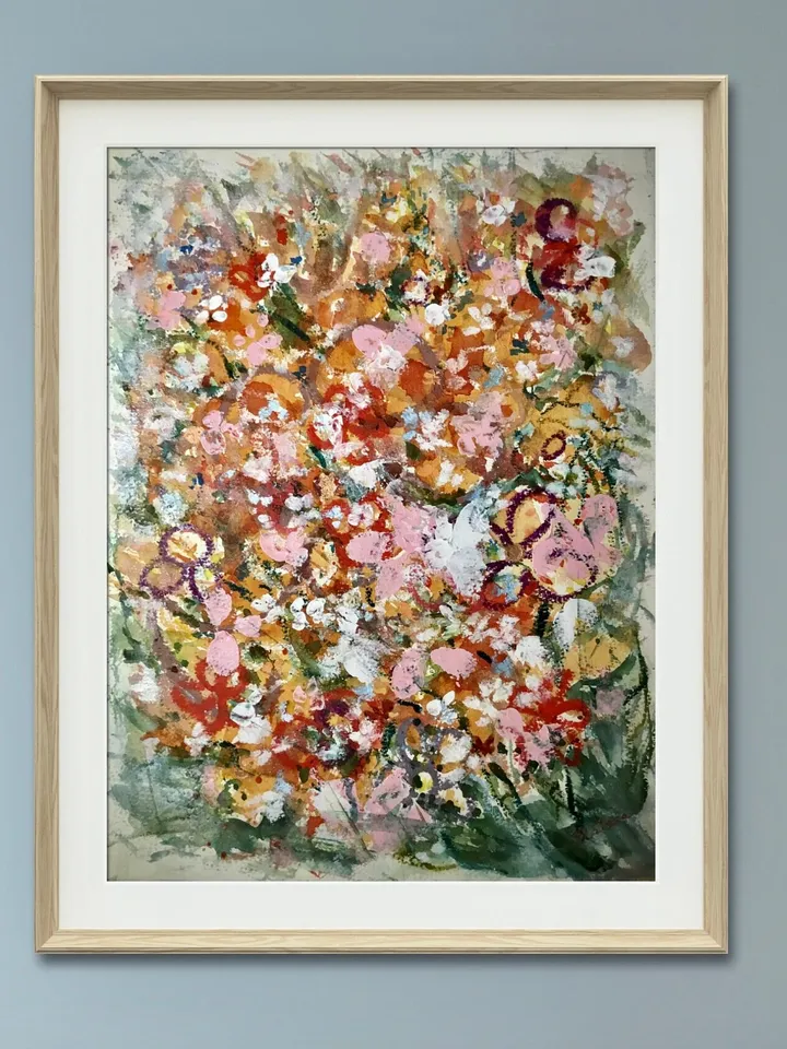 Lost in the meadows,original mix media watercolor and acrylic artwork on watercolor paper, pink floral modern home decoration,handmade gift.