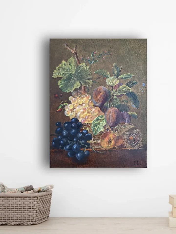 Still Life Oil Painting Grapes Chestnut Plums Reproduction Original Art 16x12 inches