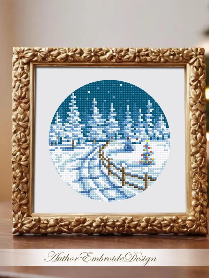 Winter landscape cross stitch pattern PDF download Winter forest cross stitch chart, Small Christmas pattern digital PDF, Snow pattern #N162