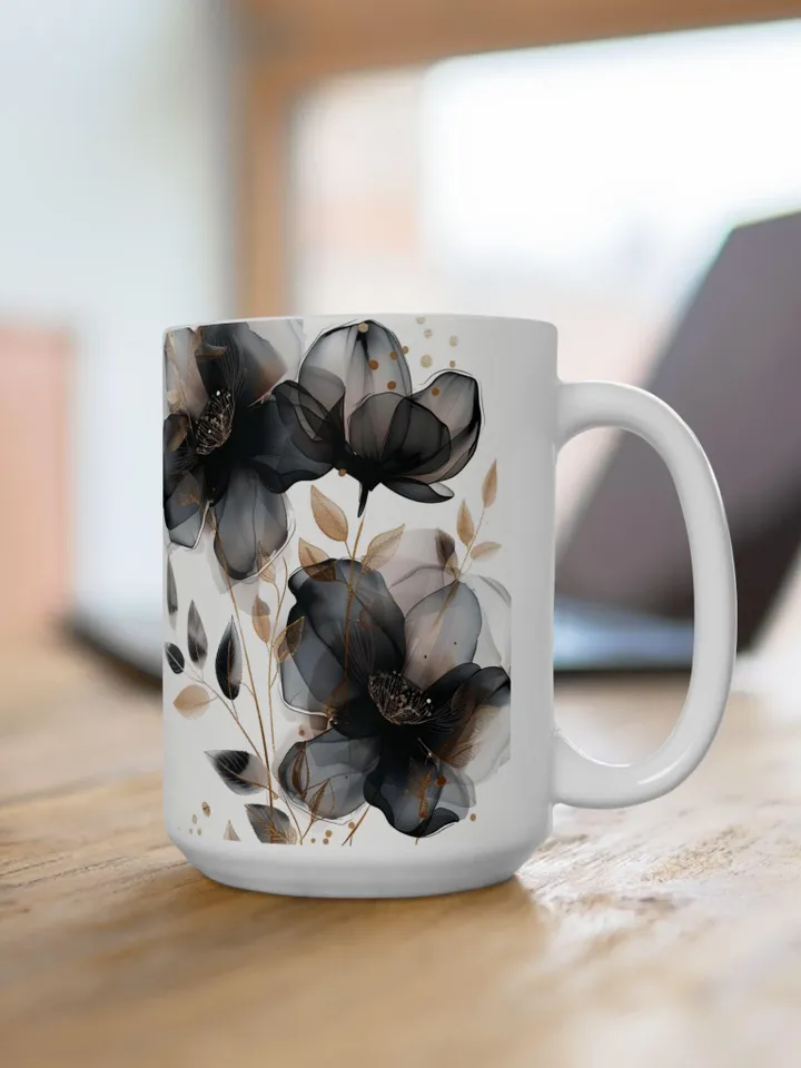 Elegant Floral Mug, Botanical Coffee Cup, White Ceramic Drinkware, Gift for Gardeners, Mother's Day Present