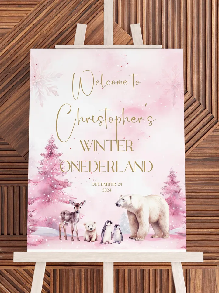 Winter Onerderland First Welcome Sign, Girl Winter Welcome Poster, Editable Template i123