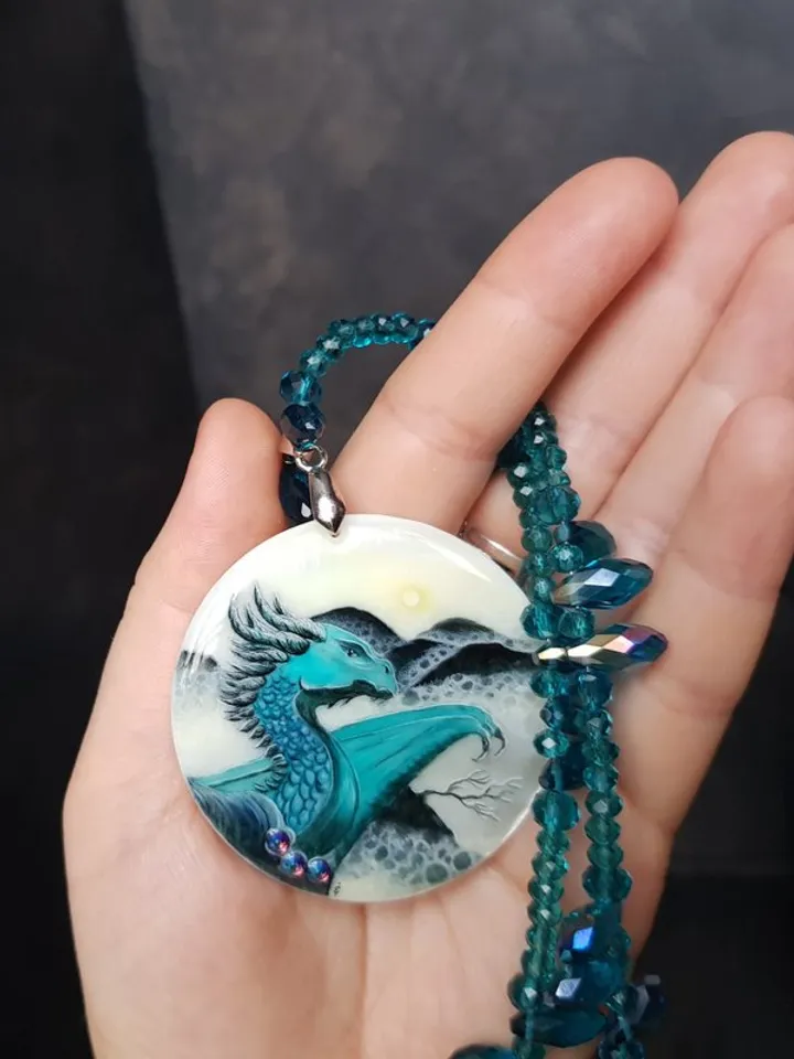 Dragon necklace. Miniature painting of dragon on mother of pearl pendant