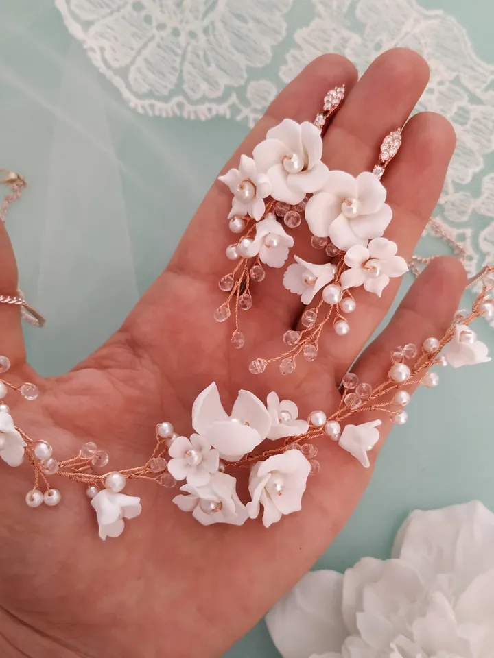 White Porcelain Flowers Gold | Rose Gold Wedding Necklace Set, Boho Wedding Earrings, Boho Bridal Earrings, Floral Wedding Jewelry Set,