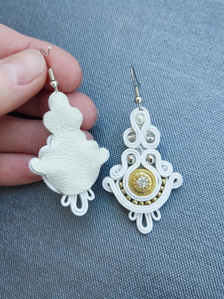 Wedding Earrings, White and Gold Earrings, Bridal jewelry, soutache embroidery