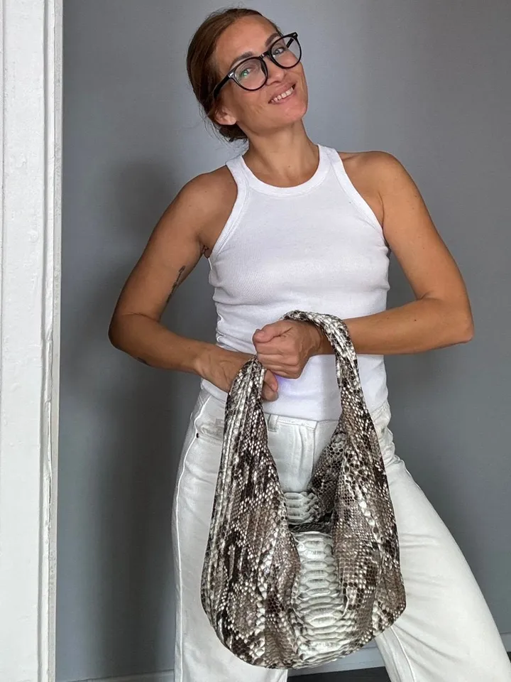 Soft Hobo Classy Sport Woman Stitched Bag | Purse Genuine Python Skin | Gray Big Elegant Leather Designer Soft Bag Snake | reptile hobo