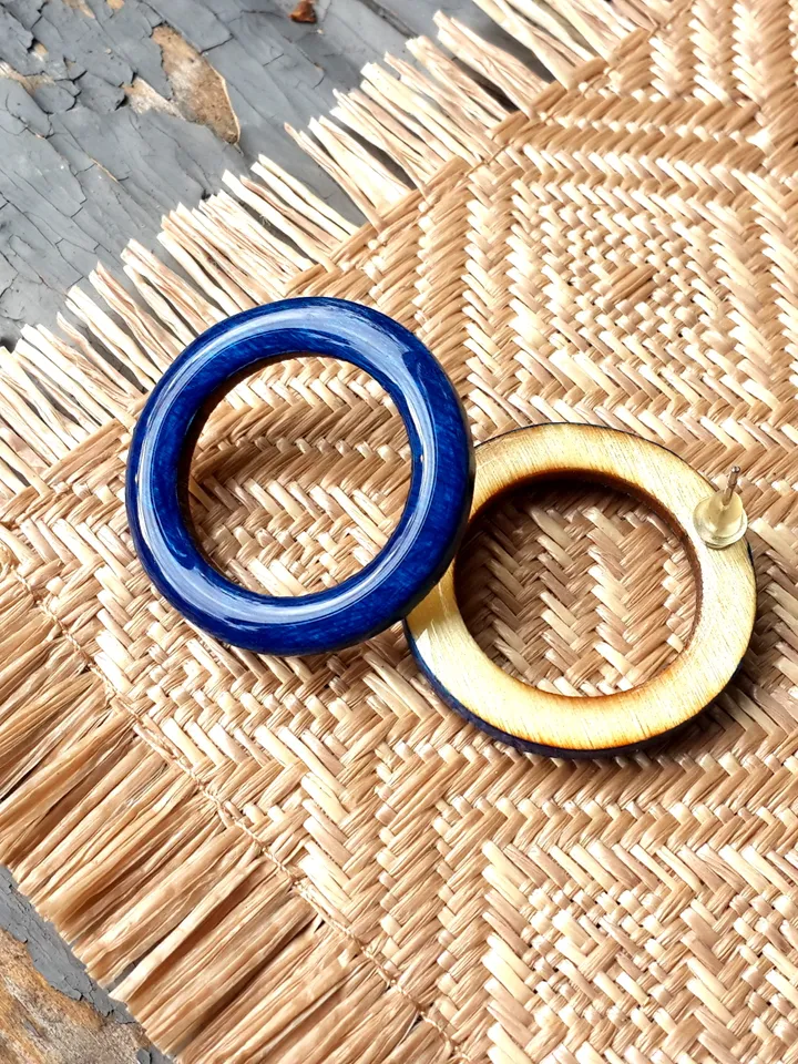 Big Hoop Wooden Earrings, Royal Blue Lightweight Round studs