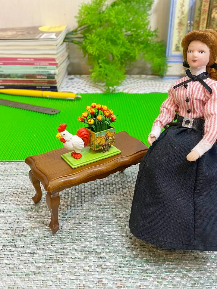 Easter miniature. Cockerel with a cart of tulips. 1:12.