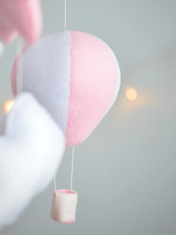 Hand sewn Bunny baby mobile for nursery decor with balloons ,clouds and stars