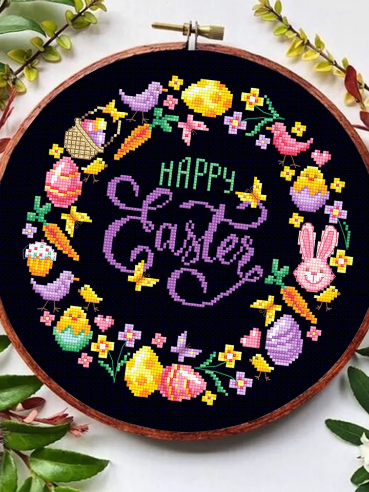 Easter wreath cross stitch pattern PDF download Happy Easter cross stitch chart, Pastel Easter pattern digital PDF, Easter wall decor #T32
