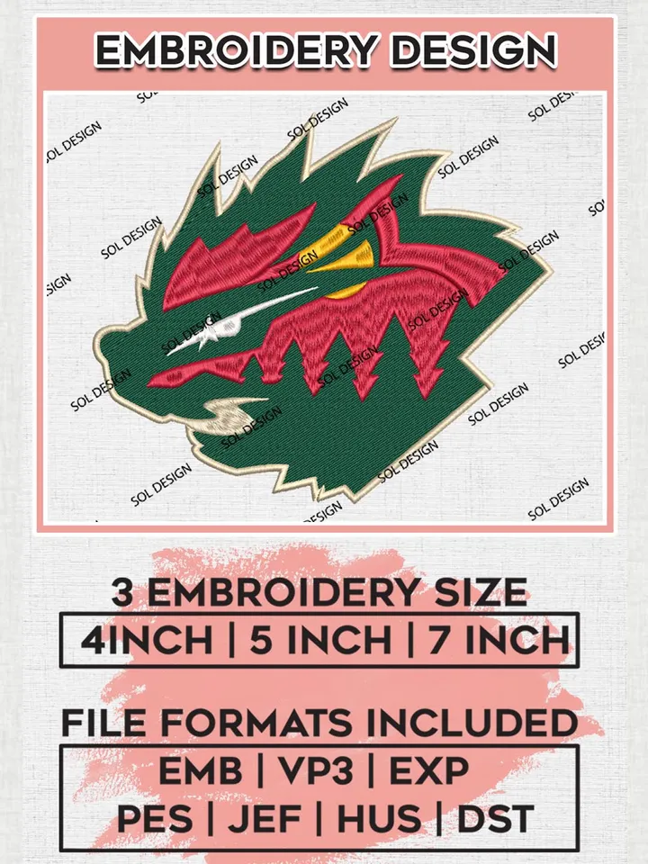 Minnesota Wild Team Head Mascot Embroidery Designs, NHL Minnesota Wild Team Logo Embroidery, Hockey Team Logo Emb Files, NHL Wild Logo, Machine embroidery Files, Digital Download