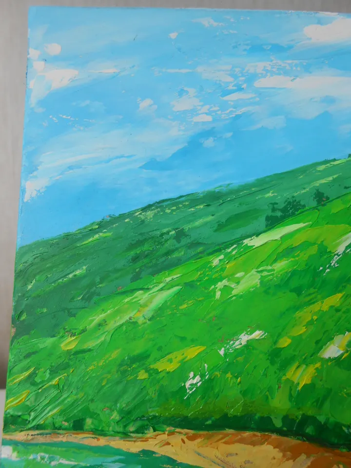 Mountains by the lake. Bright landscape with oil paints.