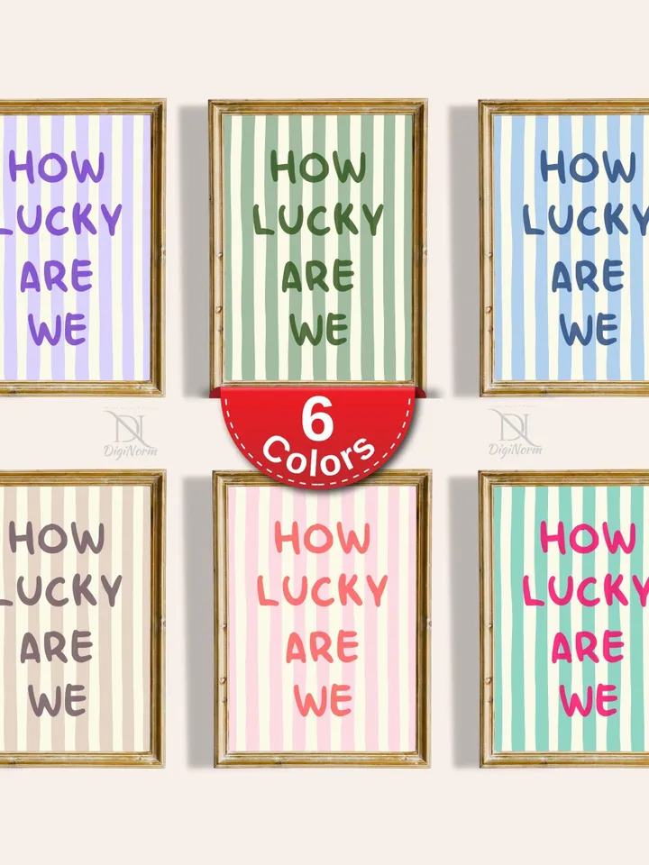 How Lucky Are We Print Set Positive Print Wall Art Kitchen Wall Decor Striped Neutral Apartment Decor Coquette Room Poster Digital Download