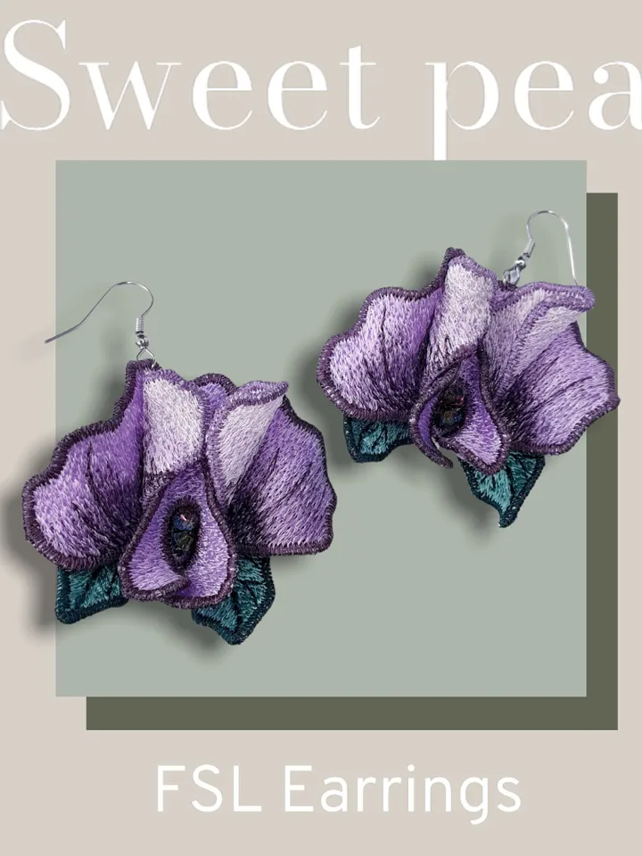 Sweet pea FSL machine embroidery designs Free standing lace embroidery pattern 3D flower embroidery motif Flower FSL embroidery Earrings FSL