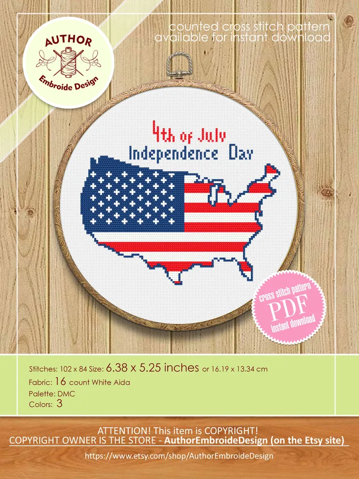 USA map cross stitch pattern PDF download Patriotic cross stitch chart, American flag embroidery, Independence Day july 4 cross stitch #T14