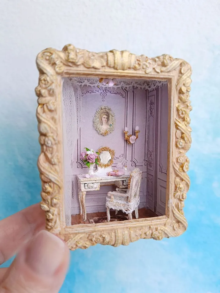 Miniature pink Boudoir, 1/48 scale miniature dollhouse with furniture and accessories