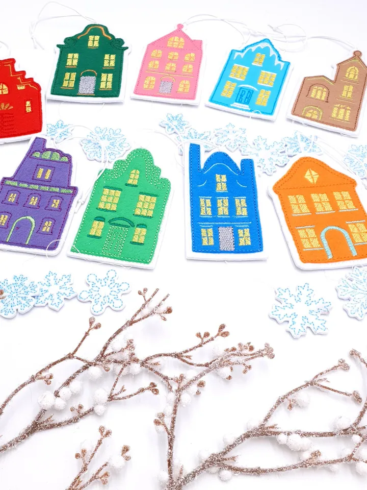 ITH Christmas Houses Ornaments Embroidery Design Set, Felt Village Tree Decorations Pattern, 4x4 Hoop File