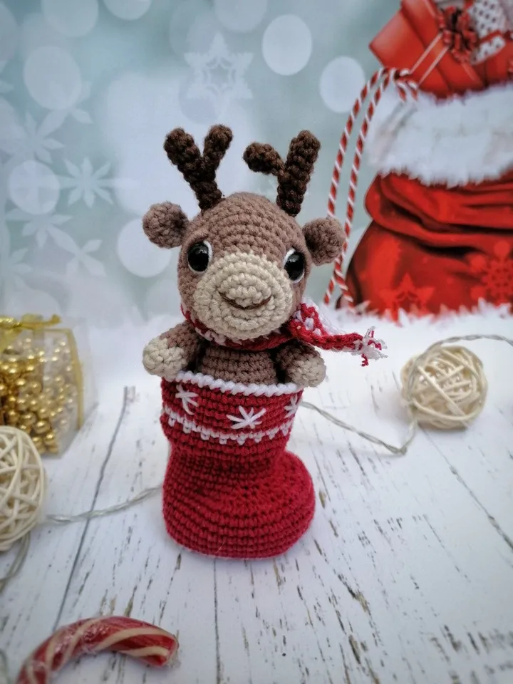 PDF Christmas Deer in a sock Christmas amigurumi pattern Christmas ornament Deer Christmas decoration X-mas crochet Amigurumi Christmas Sock