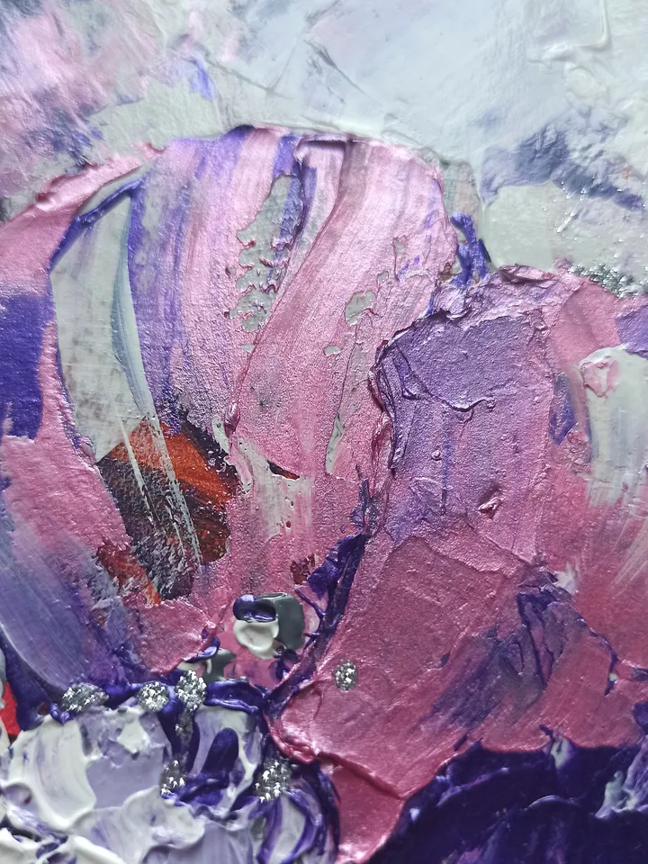 Abstract painting with garden flowers, "Peony flower", original acrylic painting on cardboard 25x20cm in a white wooden frame