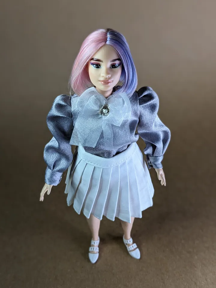 Handmade silk gray bow blouse for 1/6 scale fashion female dolls