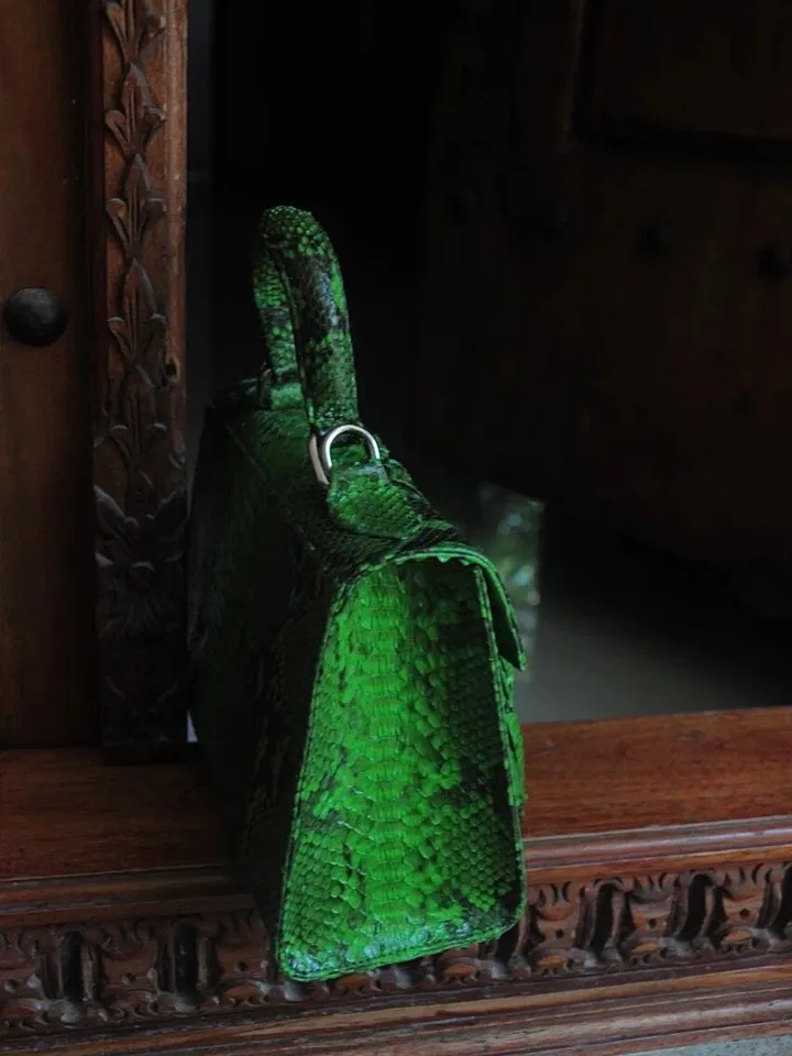 Top handle bright green classy genuine python skin bag | exotic leather bags | Elegant everyday women purse | snakeskin bag| designer bag