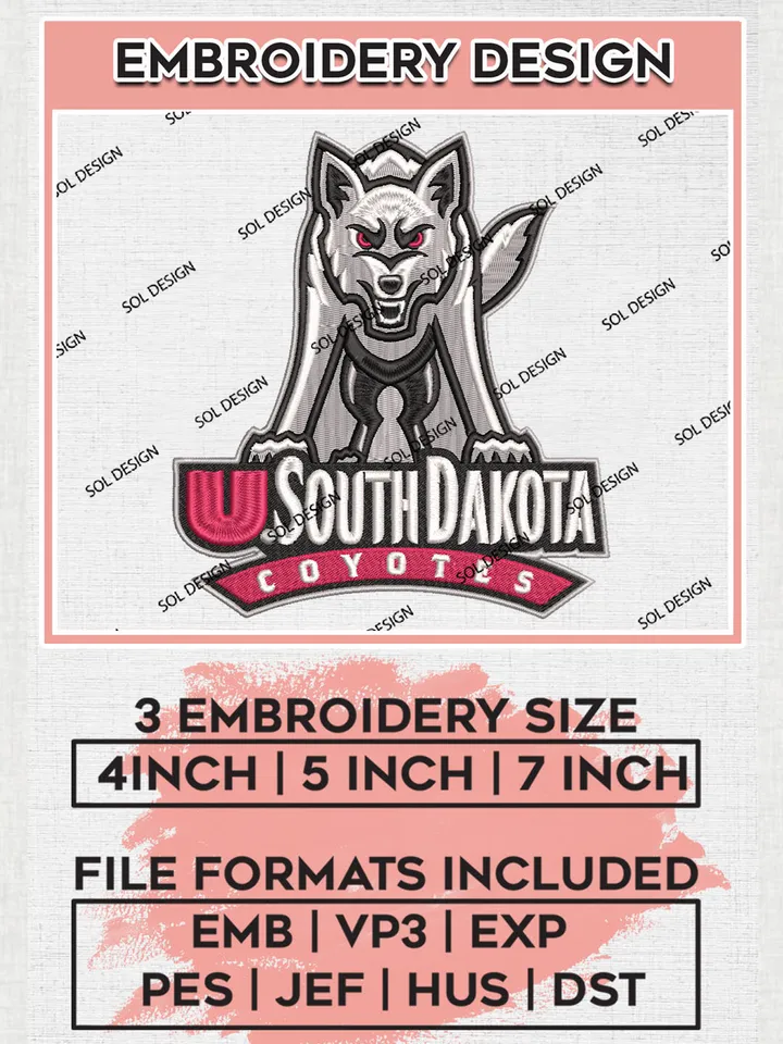 NCAA South Dakota Coyotes Team Logo Embroidery Design Files, NCAA South Dakota Coyotes Machine Embroidery, NCAA Teams, Game Day, 3 sizes, NCAA Machine embroidery designs, Digital Download