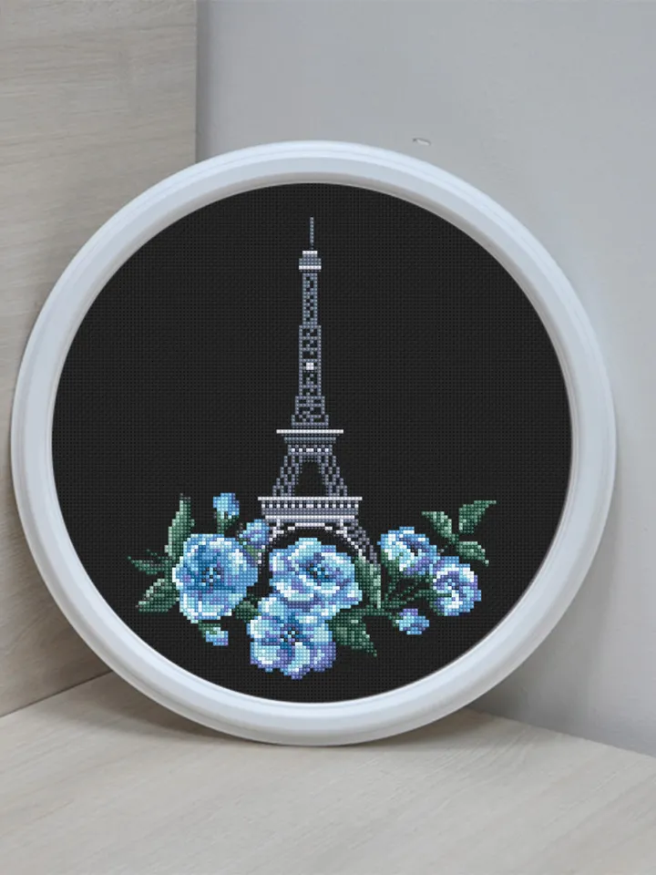 Spring cross stitch pattern PDF download Eiffel Tower beginner stitch Sakura flowers cross stitch Modern France embroidery Paris decor #E1