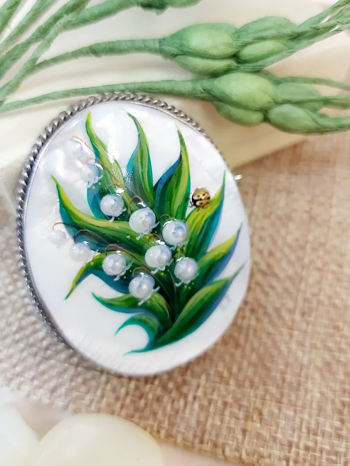 Brooches for women: Lily of the valley and Ladybug on Handmade jewelry brooch, hand painted shell brooch with May flower and lady beetle