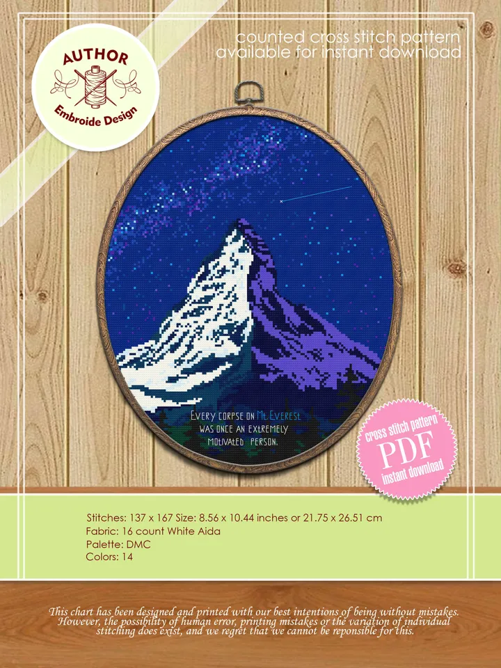 Modern cross stitch pattern download PDF Mountain landscape cross stitch Mount Everest beginner stitch Starry night sky Nature xstitch #L31