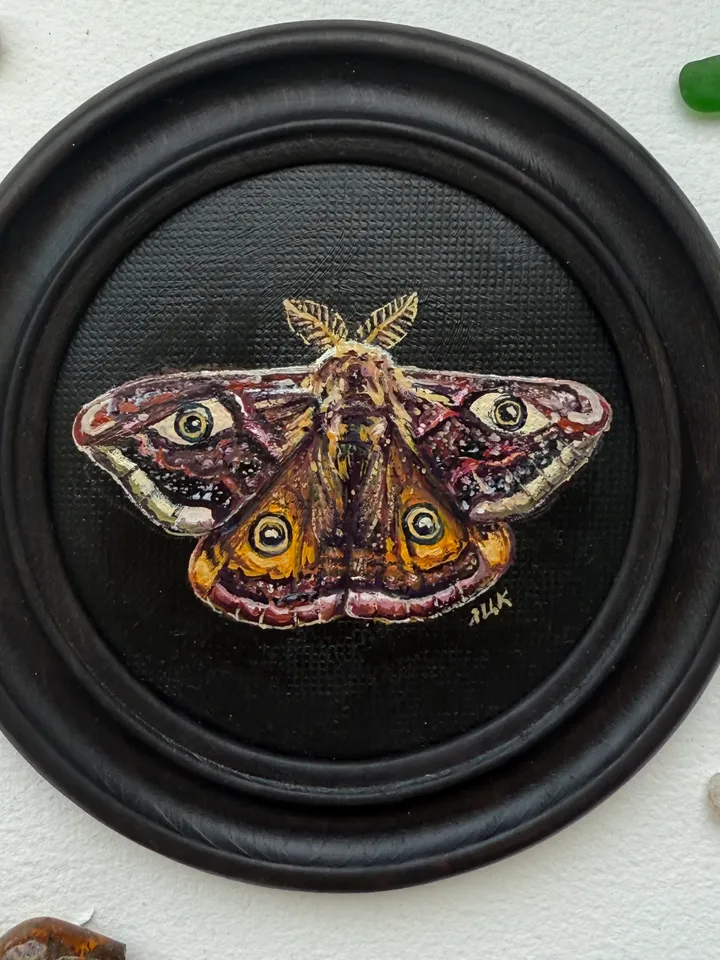 Moth Painting Original Gold Frame Art Round Oil Painting Small Dark Academia Original Painting Dark Framed