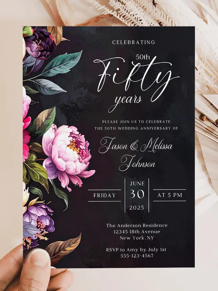 50th Anniversary Party Invitation, 40th, 30th, 20th, 10th, Moody Burgundy & Blush Peony Floral Canva Template 5x7 birthday evite