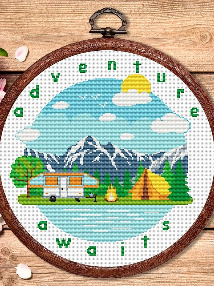 Adventure Awaits Cross Stitch Pattern, Camping Cross Stitch, Embroidery Adventure Awaits, Travel Pattern, Modern Cross Stitch #trl015