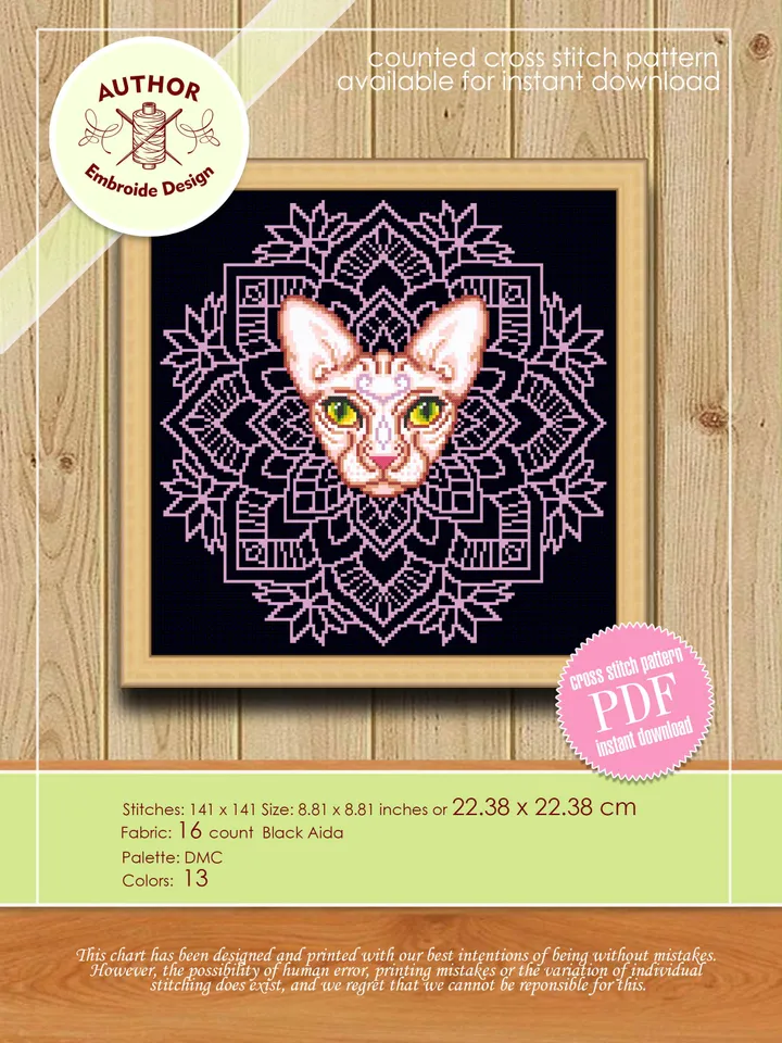Mandala cat cross stitch pattern download PDF, Sphynx cat cross stitch chart, Easy mandala pattern digital PDF, Modern beginner stitch #M129