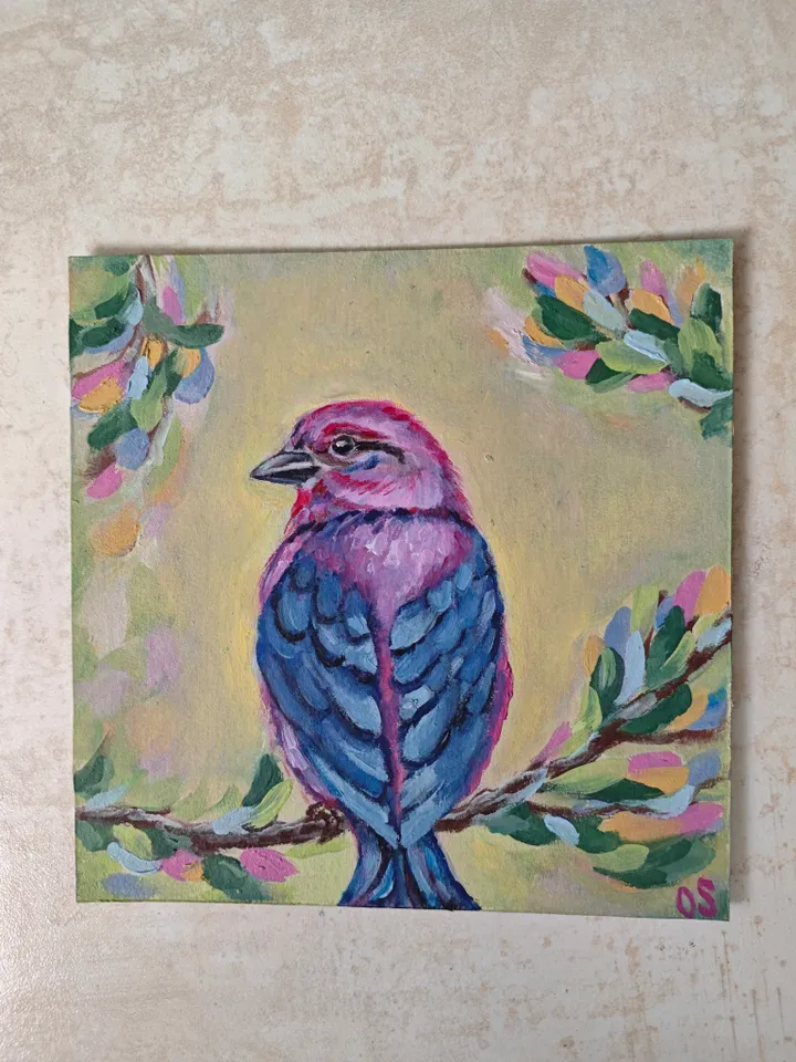 Bird Original Painting Bright Bird Original Art Animal Modern Artwork Multicolored Bird Wall Art Bright Bird Oil Painting 8x8 inches by OlgaSokolovaArt