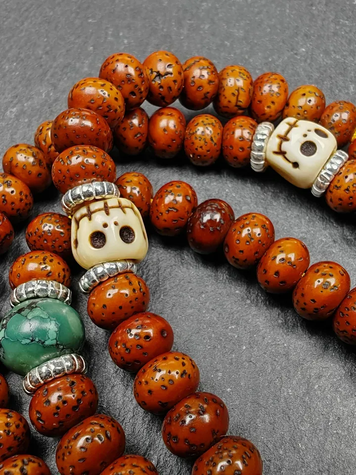 Gandhanra Authentic Tibetan Rosary, Old 7.8mm 108 Lotus Seed Mala Necklace - Handcrafted Tibetan Prayer Beads with Unique Mix of Treasures