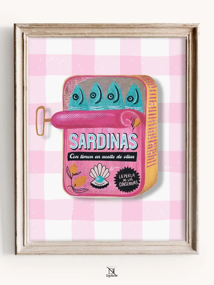 Sardines Print Sardine Tin Vintage Poster Retro Sardine Wall Art Fish Print Eclectic Wall Art Colorful Kitchen Art Maximalist Poster Digital