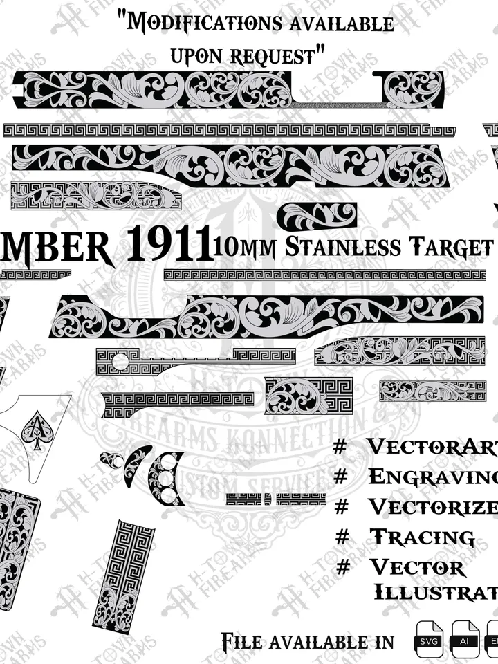Kimber 1911 10mm Stainless Target Engraving | Scroll & Greek Border Vector | Laser Ready Svg PNG EPS AI | Custom Slide Art